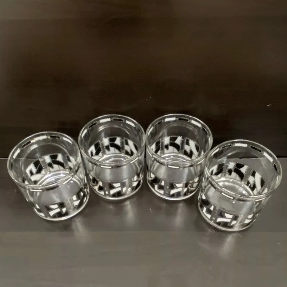 4 CULVER Rare HTF MidMod Silver White Black Abstract Design Rock Tumbler Glass